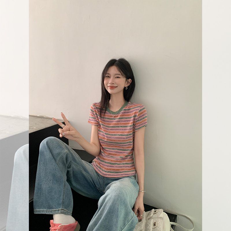 여성 봄여름 스트라이프 라운드넥 반팔 티셔츠 루즈핏 데일리 캐주얼 이지웨어 - 상세 이미지 4
