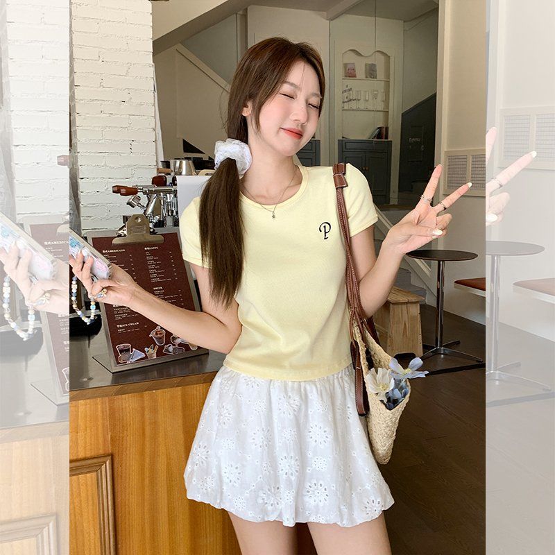 여성 봄여름 라운드넥 레터링 자수 슬림핏 면스판 반팔 티셔츠 데일리 캐주얼 - 상품 이미지