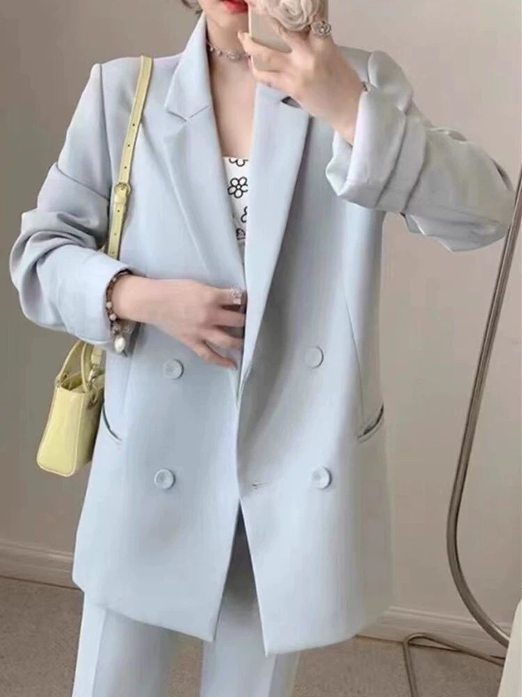 정장 투피스세트 자켓 바지 여성 봄 여름 가을 캐주얼 스타일 출근룩 1.블루 정장바지 2종 세트 - 상세 이미지 2