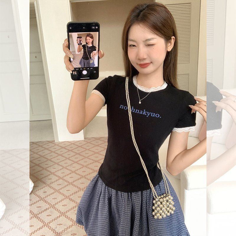 여름 라운드넥 펀칭 리본 루즈핏 여성 면스판 반팔 티셔츠 데일리 캐주얼 이지웨어 - 상세 이미지 3