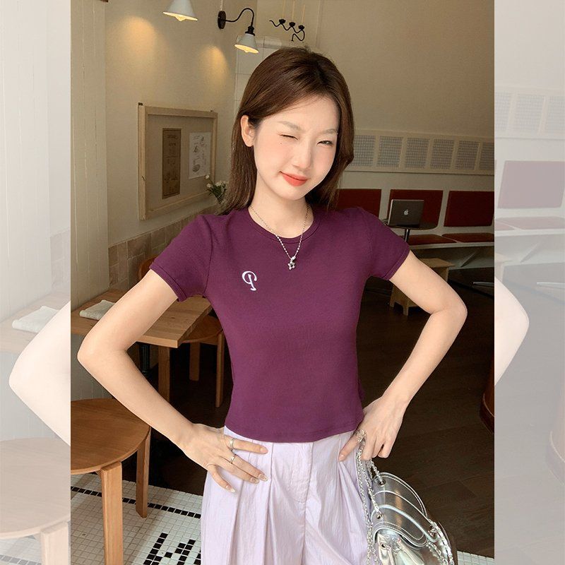 여성 봄여름 라운드넥 레터링 자수 슬림핏 면스판 반팔 티셔츠 데일리 캐주얼 - 상세 이미지 5