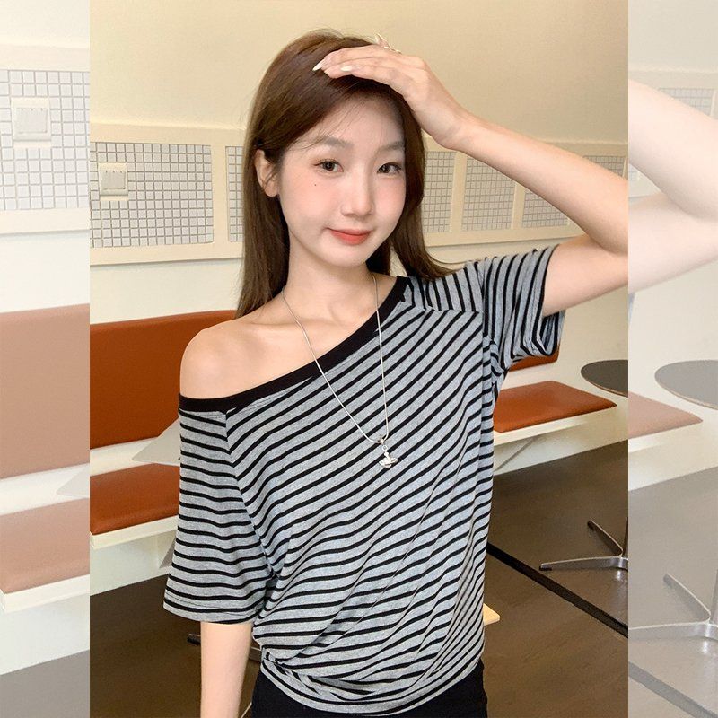 여성 여름 스트라이프 사선넥 오프숄더 레이온 스판 루즈핏 반팔 티셔츠 데일리 캐주얼 - 상품 이미지