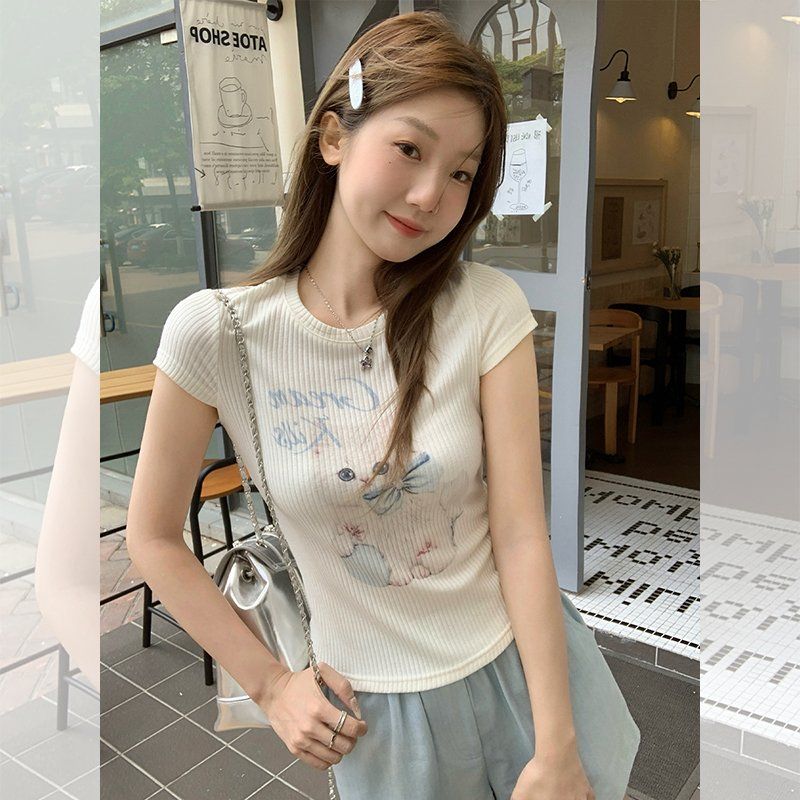 귀여운 고양이 프린팅 반팔티 라운드넥 슬림핏 여름 데일리 면스판 여성 상의 - 상세 이미지 5