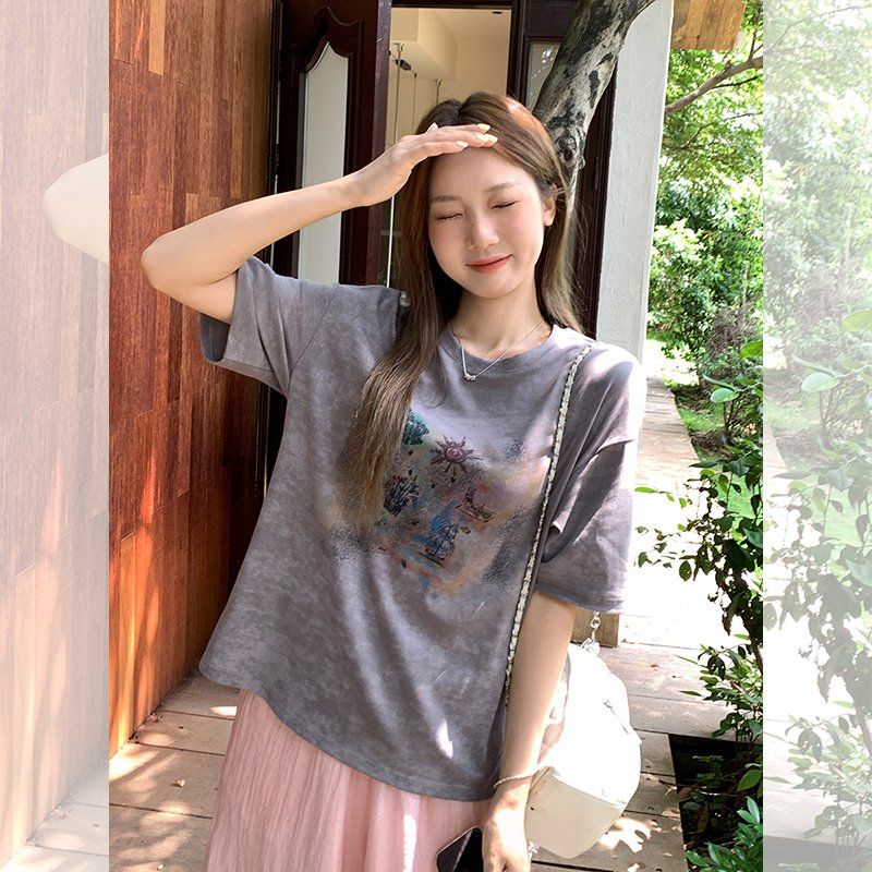 여성 오버핏 라운드넥 식물 프린팅 반팔티 루즈핏 여름 면스판 데일리 캐주얼 티셔츠 - 상세 이미지 4