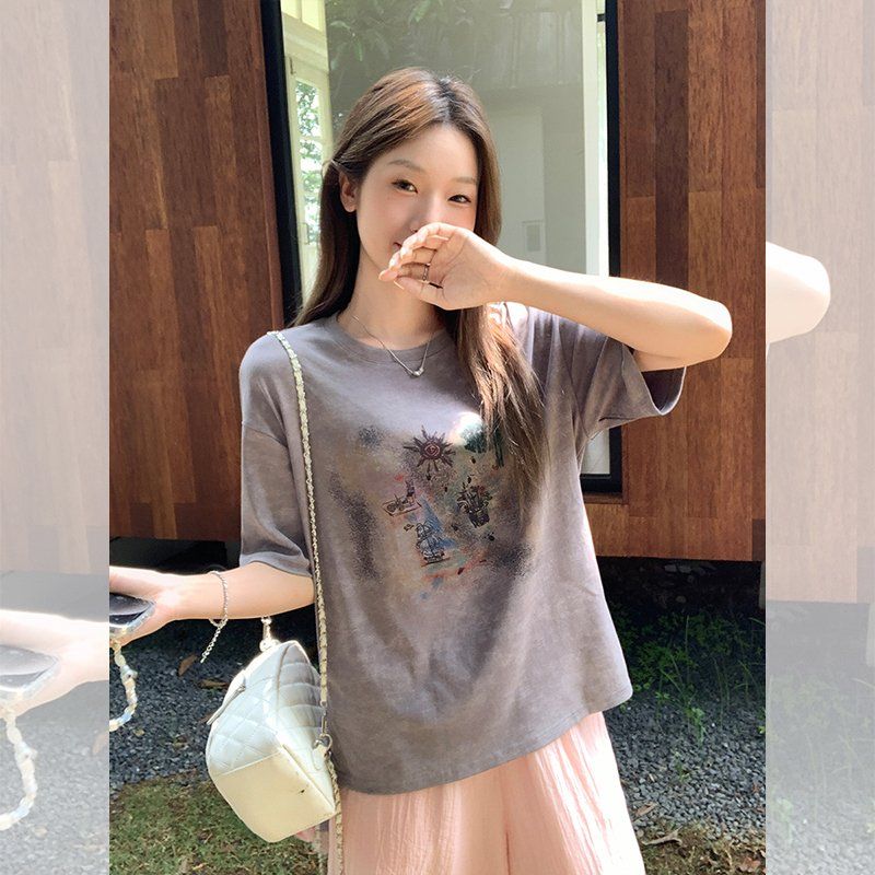 여성 오버핏 라운드넥 식물 프린팅 반팔티 루즈핏 여름 면스판 데일리 캐주얼 티셔츠 - 상세 이미지 3