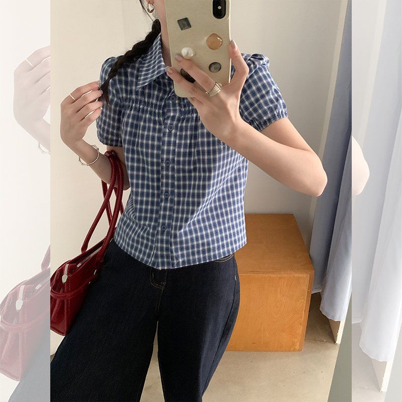 여성 여름 체크 퍼프소매 반팔 블라우스 폴로카라 크롭 셔츠 데일리 캐주얼 루즈핏 상의 - 상세 이미지 5