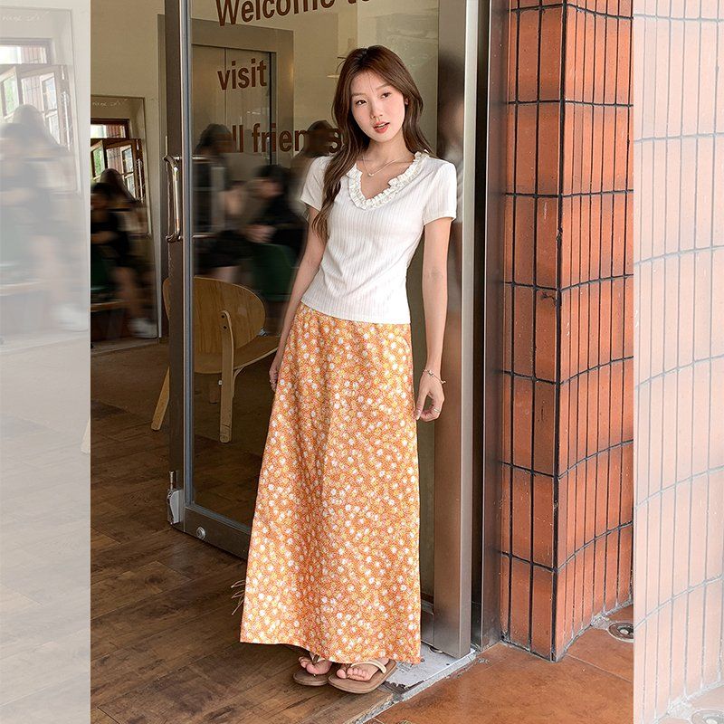 여성 봄여름 V넥 프릴 골지 슬림핏 텐셀 스판 반팔 티셔츠 데일리 캐주얼룩 - 상세 이미지 5