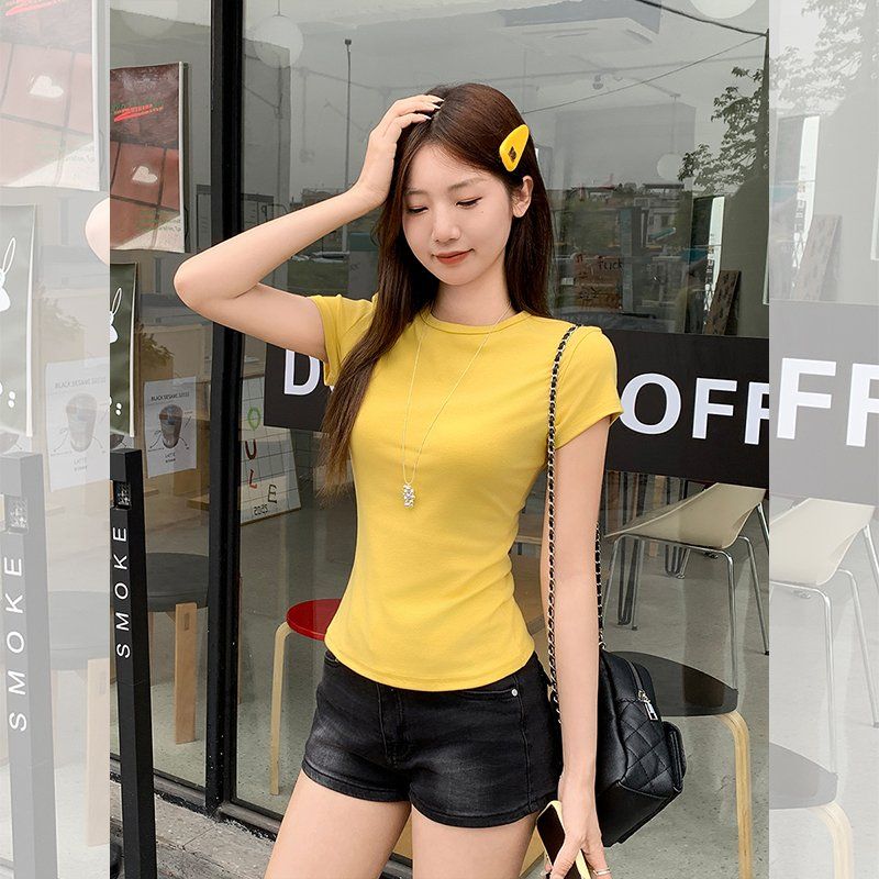 여성 슬림핏 라운드넥 기본 반팔티 면스판 여름 데일리 이지웨어 캐주얼 심플 티셔츠 상의 - 상세 이미지 5