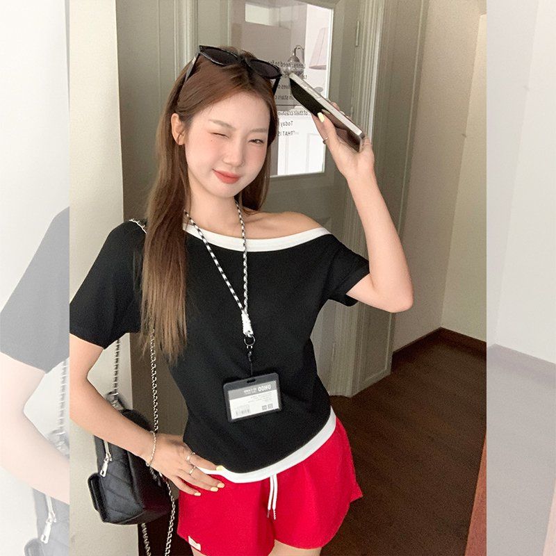 여성 여름 사선넥 오프숄더 배색 레이온 스판 슬림핏 반팔 티셔츠 데일리 캐주얼룩 - 상세 이미지 2