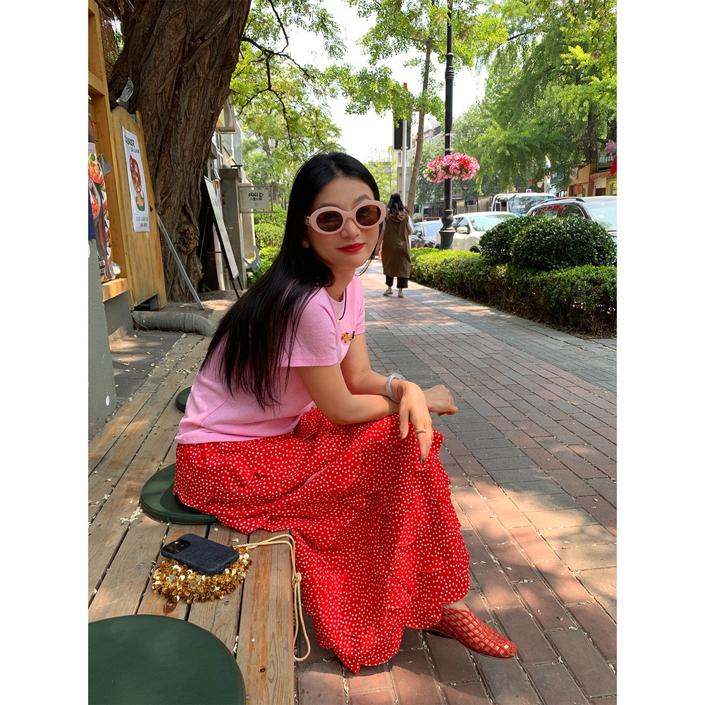 땡땡이 캉캉 롱스커트 밴딩 빨간색 유니크 예쁜 디자인 레이온 레이어드 고급 포인트색상 여름 - 상세 이미지 2