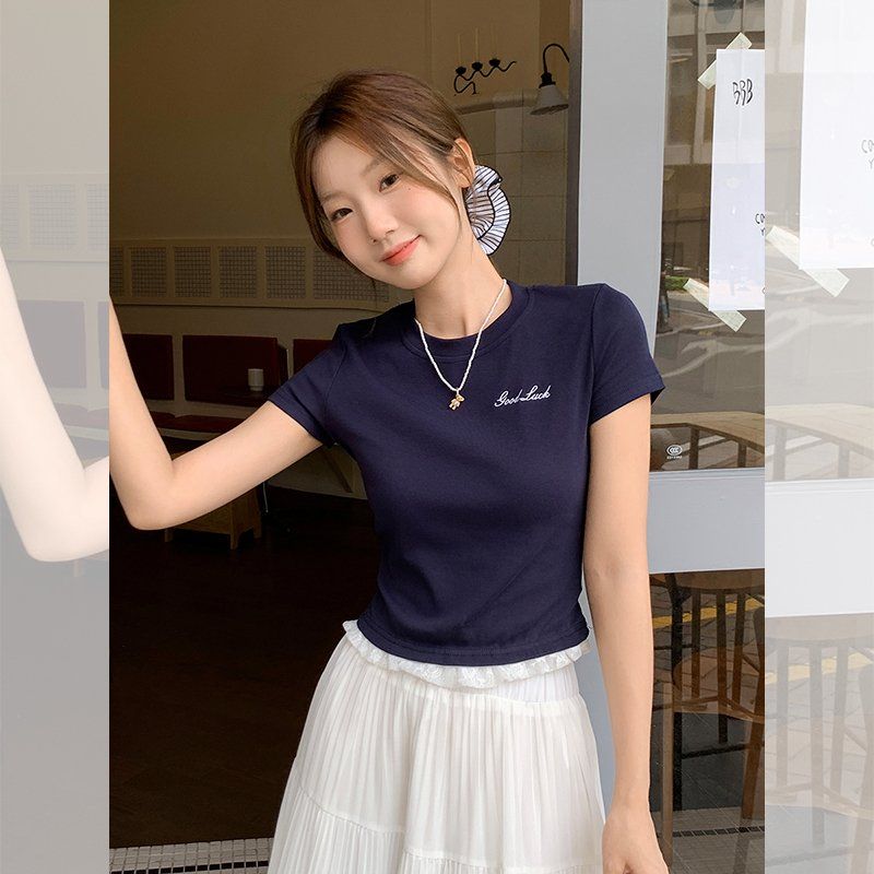 레터링 자수 반팔티 라운드넥 슬림핏 크롭 여름 면스판 데일리 여성 상의 - 상품 이미지