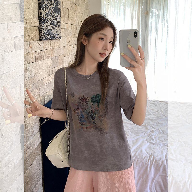 여성 오버핏 라운드넥 식물 프린팅 반팔티 루즈핏 여름 면스판 데일리 캐주얼 티셔츠 - 상세 이미지 2