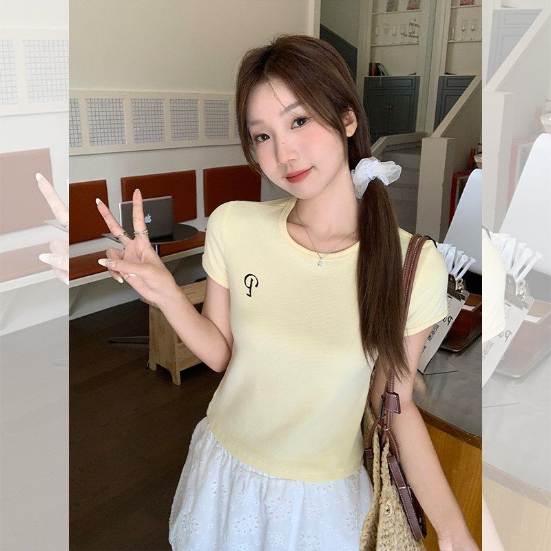 여성 봄여름 라운드넥 레터링 자수 슬림핏 면스판 반팔 티셔츠 데일리 캐주얼 - 상세 이미지 3
