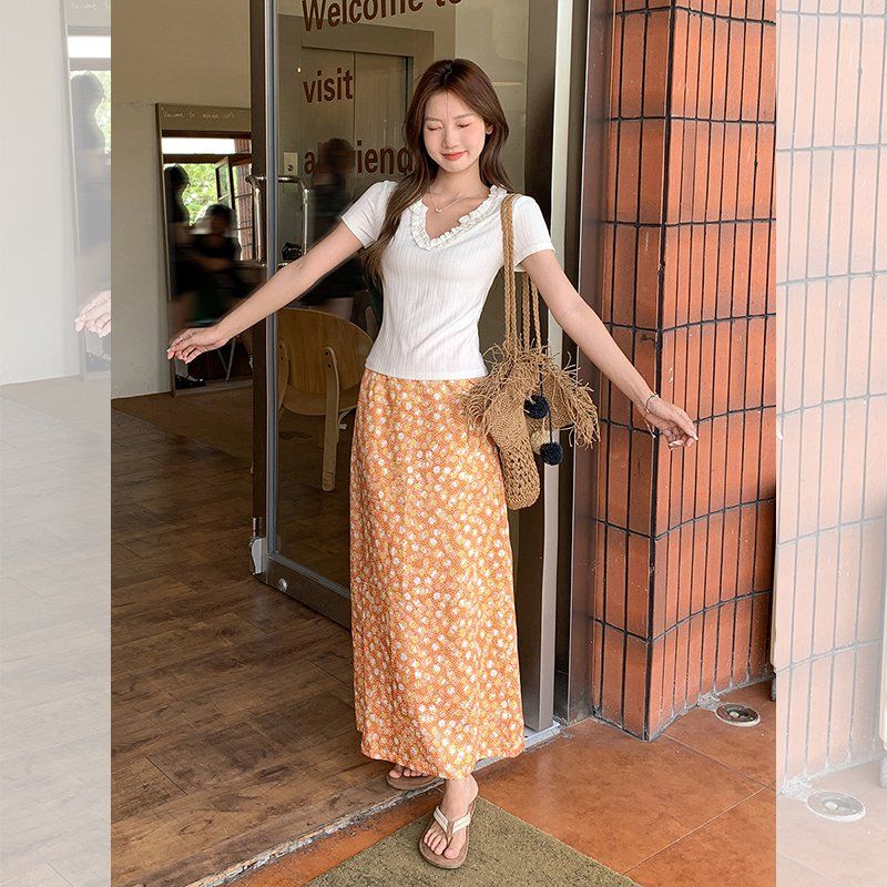 여성 봄여름 플라워프린트 A라인 롱스커트 데일리 캐주얼 바캉스 치마 - 메인 이미지