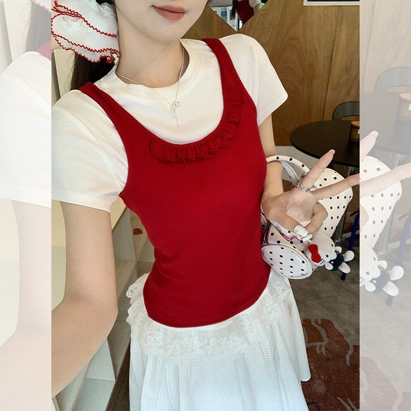 여성 프릴 민소매 티셔츠 라운드넥 슬림핏 무지 나시 여름 데일리 면스판 캐주얼 상의 - 상세 이미지 2