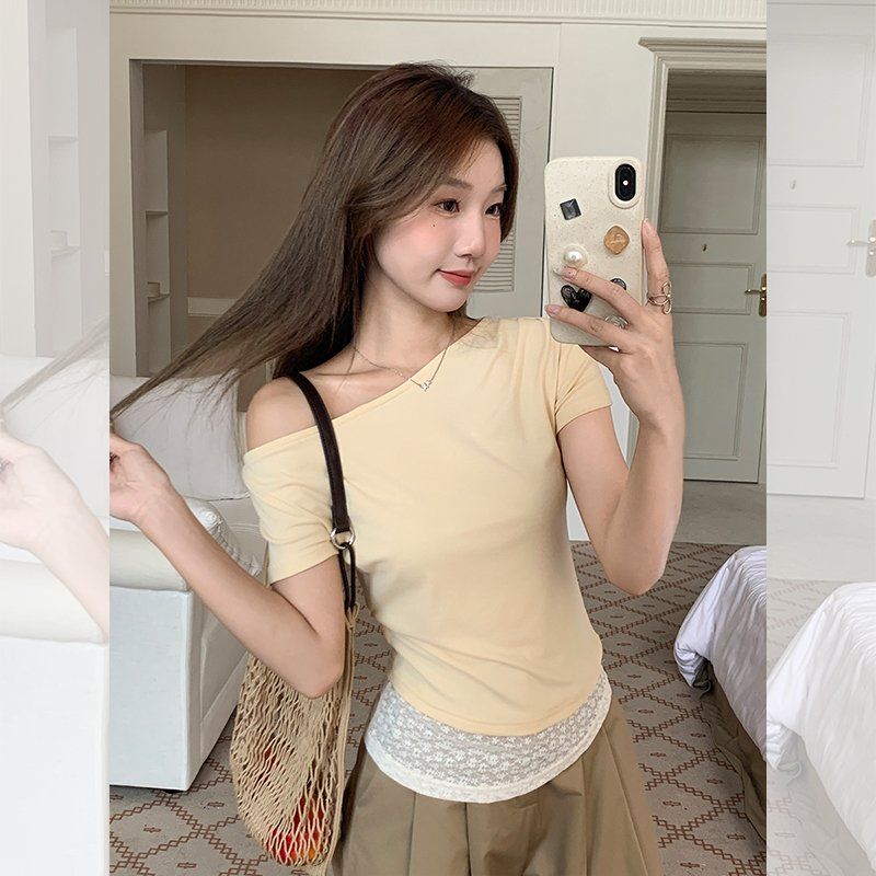 여성 슬림핏 드레이프넥 반팔티 레이스 밑단 여름 데일리 폴리스판 티셔츠 캐주얼 상의 - 메인 이미지