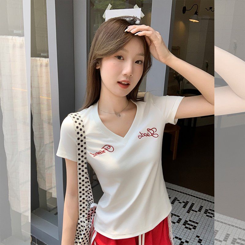 여성 봄여름 V넥 레터링 자수 슬림핏 면스판 반팔 티셔츠 데일리 캐주얼 베이직 - 상세 이미지 3