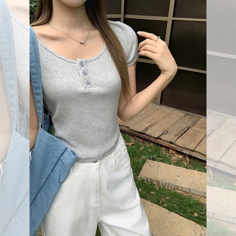 슬림핏 레터링 크롭 반팔티 여성 유넥 버튼 데일리 면스판 여름 티셔츠 상의 - 상세 이미지 2