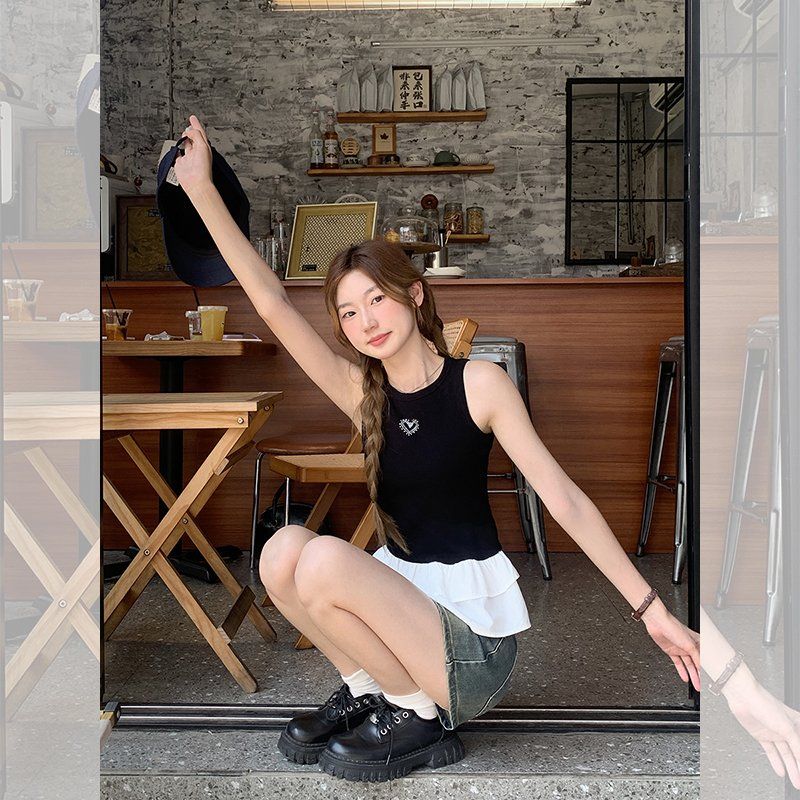 여성 여름 라운드넥 하트 큐빅 장식 민소매 나시 슬림핏 데일리 캐주얼 - 상세 이미지 3