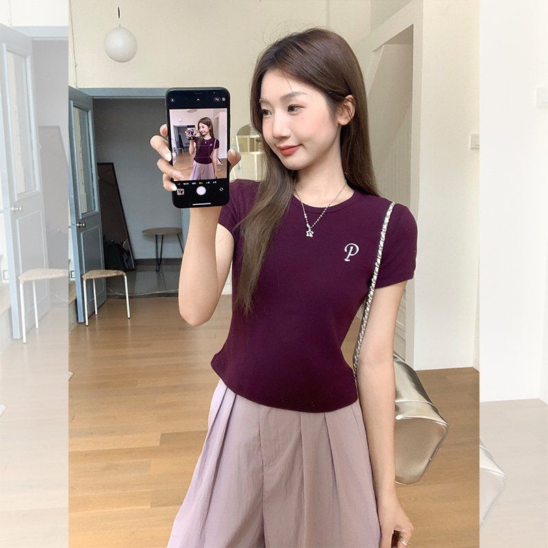 여성 봄여름 라운드넥 레터링 자수 슬림핏 면스판 반팔 티셔츠 데일리 캐주얼 - 상세 이미지 4