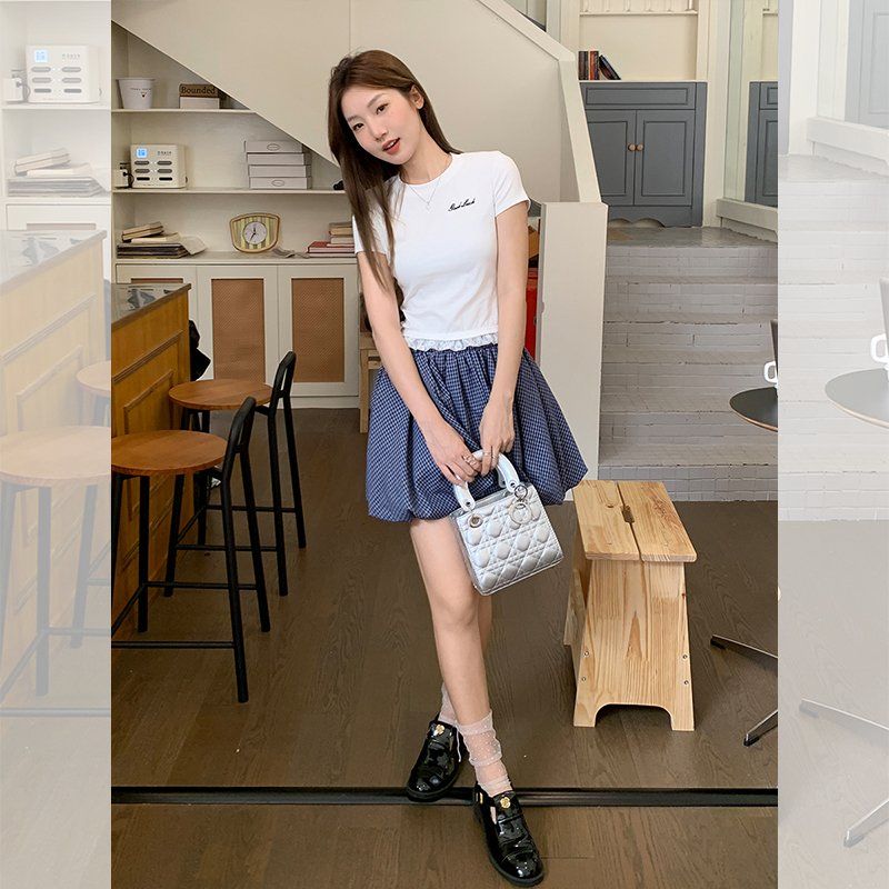 레터링 자수 반팔티 라운드넥 슬림핏 크롭 여름 면스판 데일리 여성 상의 - 상세 이미지 4