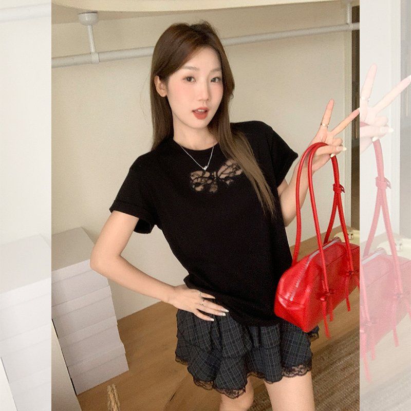 여성 여름 라운드넥 펀칭 리본 루즈핏 면스판 반팔 티셔츠 데일리 캐주얼 이지웨어 - 상세 이미지 2