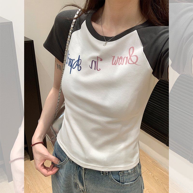 여름 레터링 프린팅 배색 라운드넥 여성 슬림핏 크롭 래글런 반팔티 데일리 캐주얼룩 - 상품 이미지