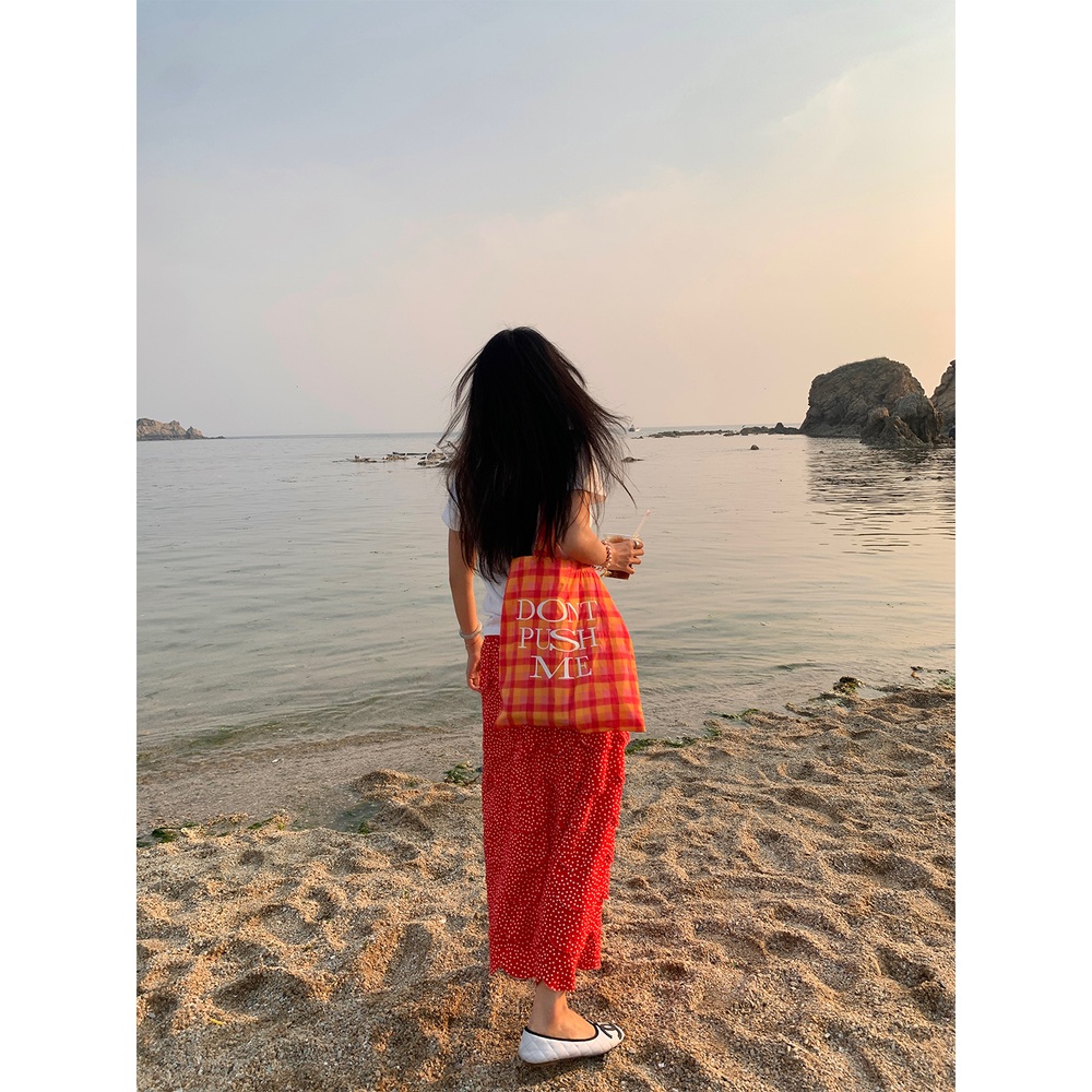 땡땡이 캉캉 롱스커트 밴딩 빨간색 유니크 예쁜 디자인 레이온 레이어드 고급 포인트색상 여름 - 상세 이미지 5