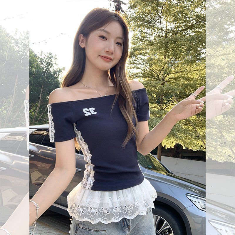여성 여름 오프숄더 레터링 레이스배색 슬림핏 면스판 반팔 티셔츠 데일리 캐주얼룩 - 메인 이미지