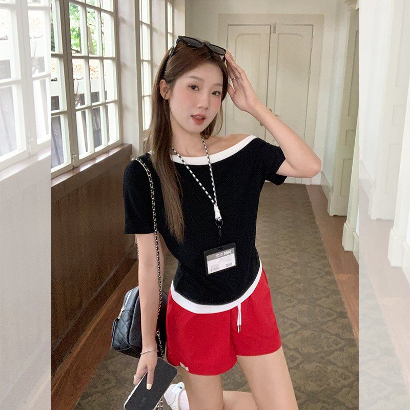 여성 여름 사선넥 오프숄더 배색 레이온 스판 슬림핏 반팔 티셔츠 데일리 캐주얼룩 - 상품 이미지