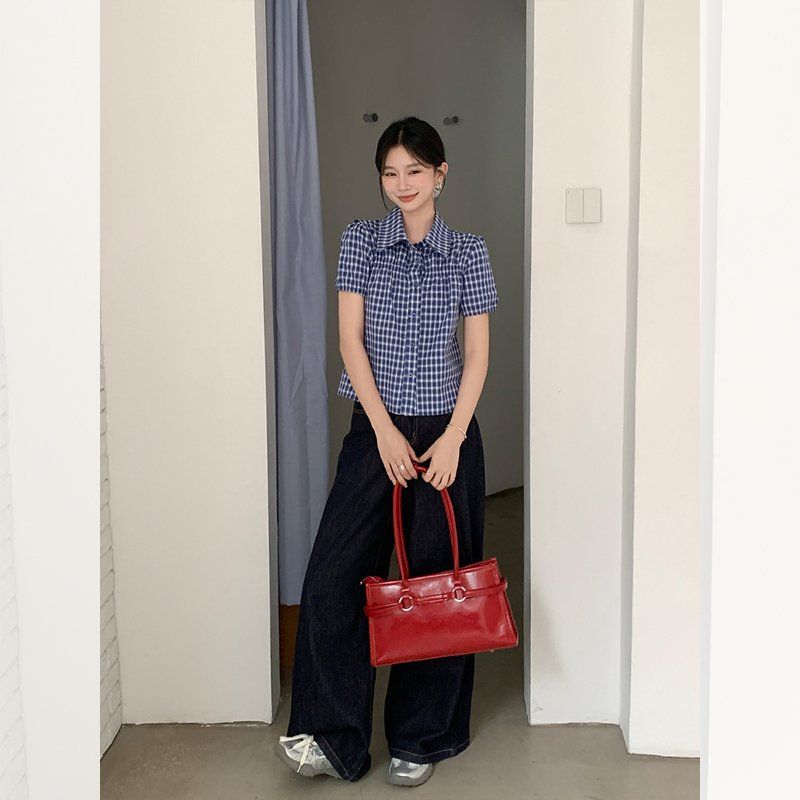 여성 여름 체크 퍼프소매 반팔 블라우스 폴로카라 크롭 셔츠 데일리 캐주얼 루즈핏 상의 - 상세 이미지 2