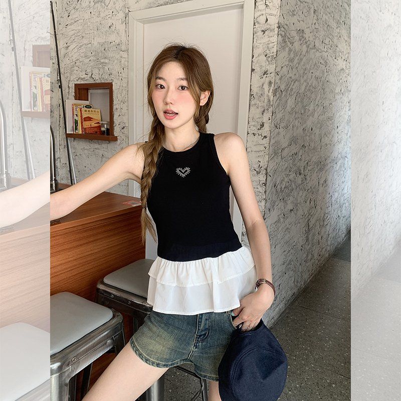 여성 여름 라운드넥 하트 큐빅 장식 민소매 나시 슬림핏 데일리 캐주얼 - 상세 이미지 2