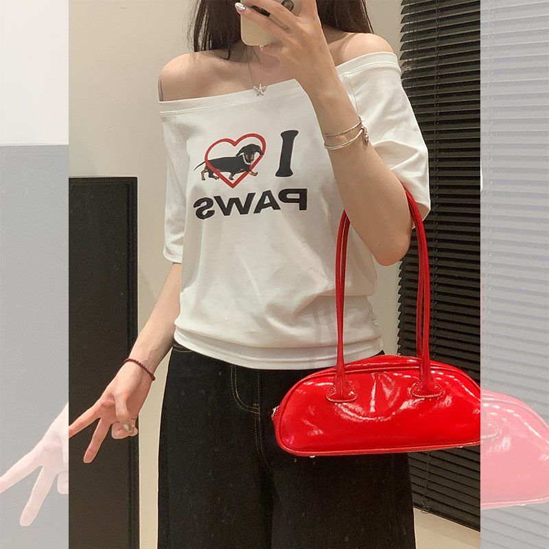 여성 여름 사선넥 오프숄더 레터링 프린팅 면스판 루즈핏 반팔 티셔츠 데일리 캐주얼룩 - 상세 이미지 5