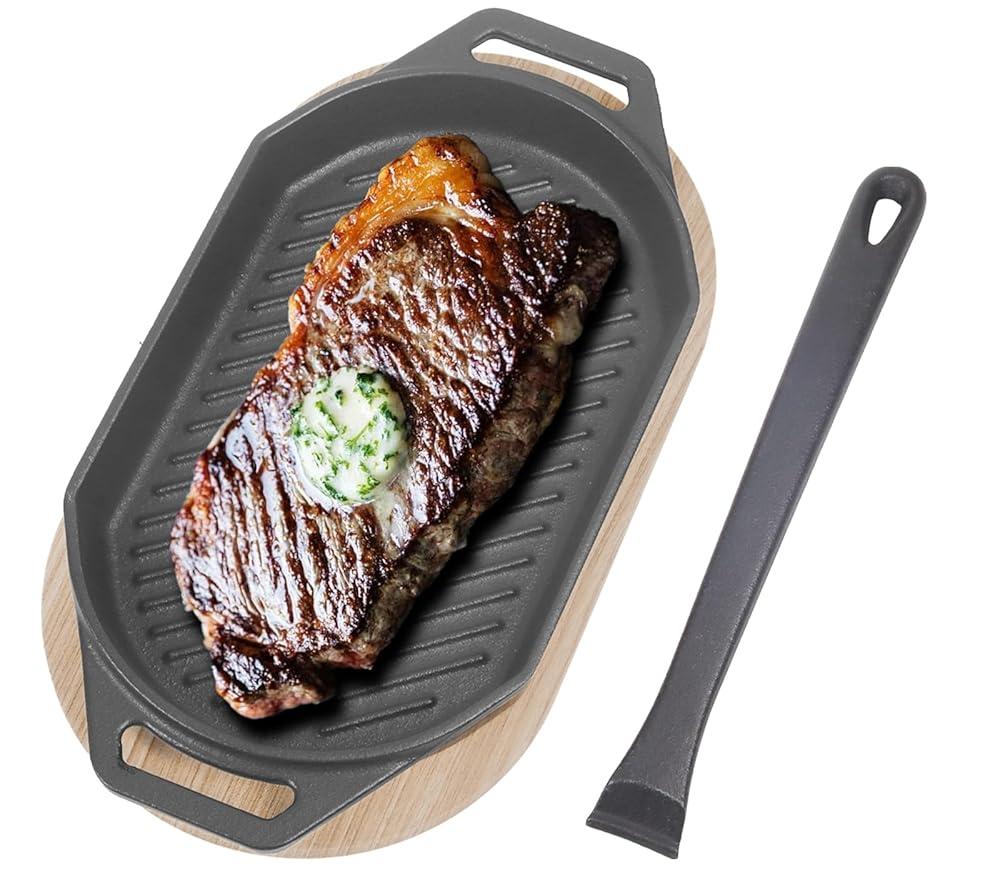 피자 오븐 및 BBQ 액세서리용 나무 베이스가 있는 주철 양면 지글링 플레이트 야외용 프라이팬 스토브 탑용 탈착식 손잡이가 그릴 스테이크 접시... 