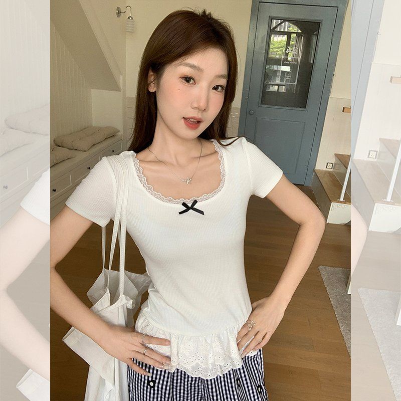 여성 봄여름 U넥 레이스 리본 프릴 골지 슬림핏 레이온스판 반팔 티셔츠 데일리룩 - 상세 이미지 4