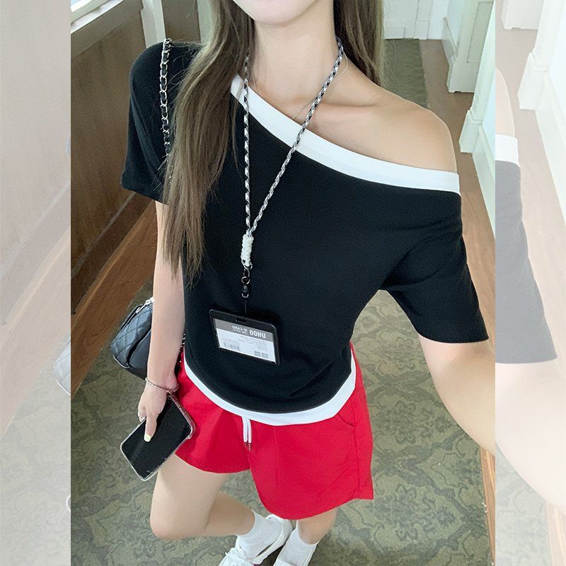 여성 여름 사선넥 오프숄더 배색 레이온 스판 슬림핏 반팔 티셔츠 데일리 캐주얼룩 - 상세 이미지 3