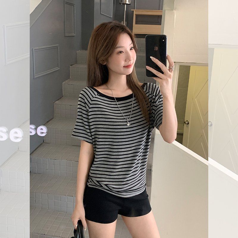 여성 여름 스트라이프 사선넥 오프숄더 레이온 스판 루즈핏 반팔 티셔츠 데일리 캐주얼 - 상세 이미지 2
