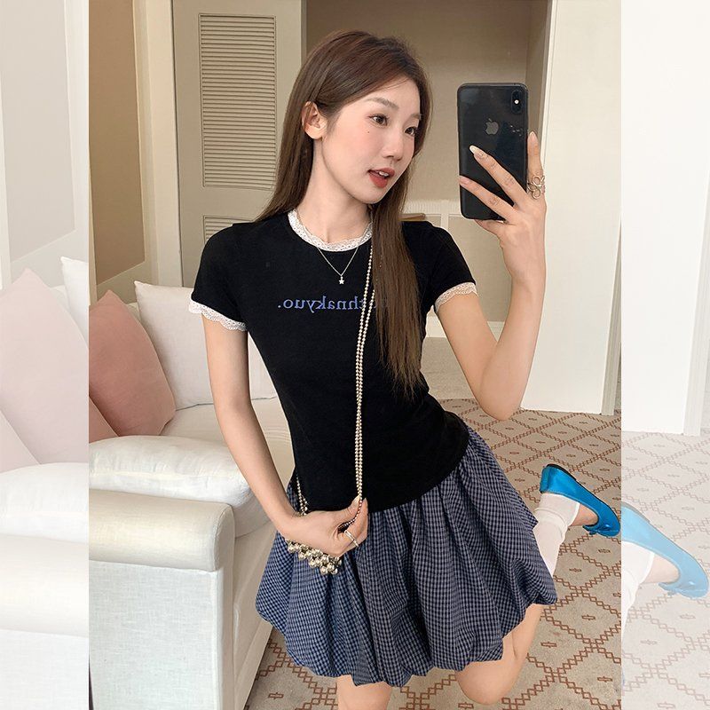 여름 라운드넥 펀칭 리본 루즈핏 여성 면스판 반팔 티셔츠 데일리 캐주얼 이지웨어 - 상세 이미지 4