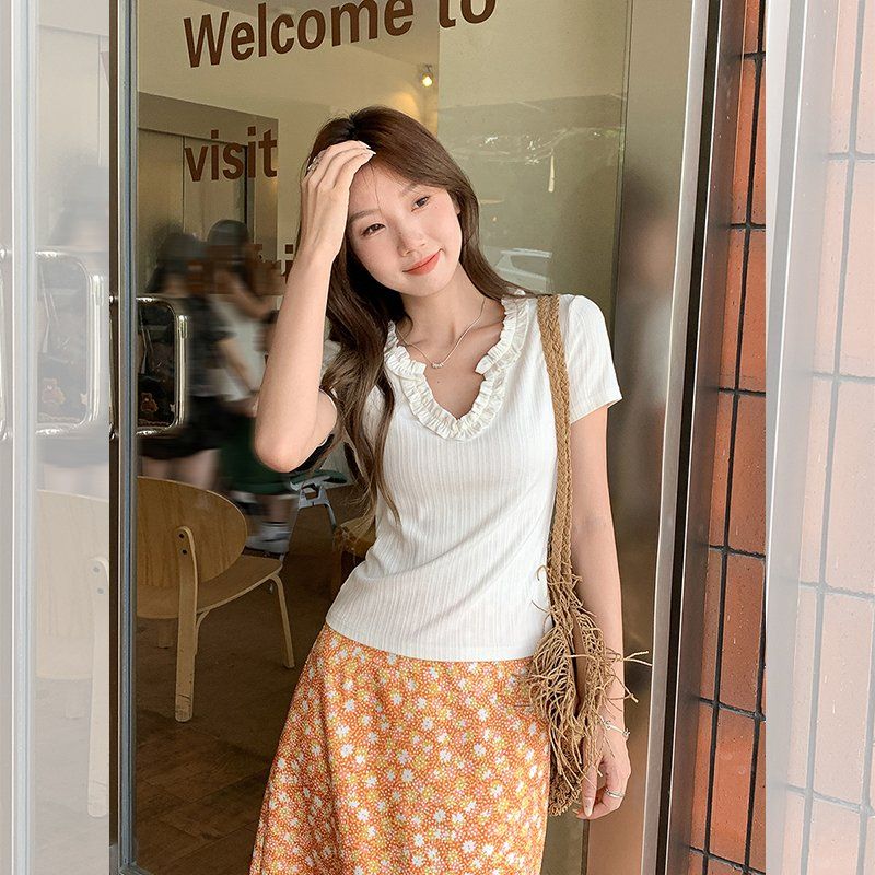 여성 봄여름 V넥 프릴 골지 슬림핏 텐셀 스판 반팔 티셔츠 데일리 캐주얼룩 - 상세 이미지 2