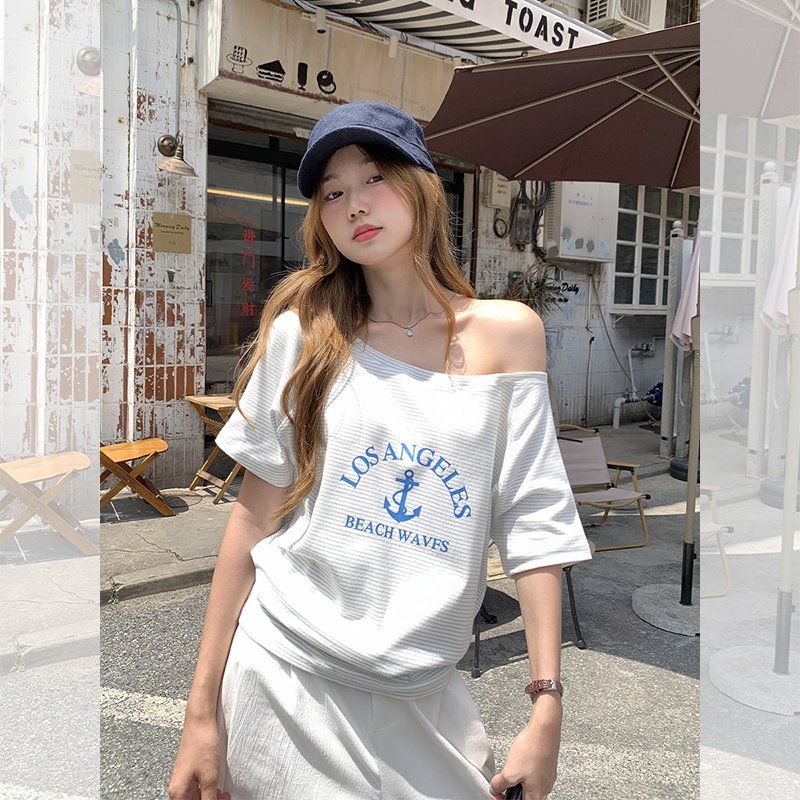 오프숄더 스트라이프 티셔츠 여성 루즈핏 반팔티 면 스판 여름 데일리 캐주얼룩 이지웨어 상의 - 상세 이미지 5