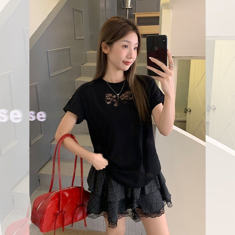 여성 여름 라운드넥 펀칭 리본 루즈핏 면스판 반팔 티셔츠 데일리 캐주얼 이지웨어 - 상품 이미지