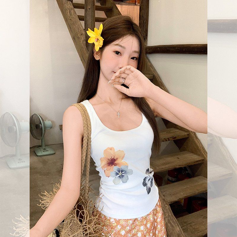 여성 플라워 프린팅 민소매 나시 슬림핏 라운드넥 여름 휴양지룩 바캉스 데일리 티셔츠 - 상품 이미지