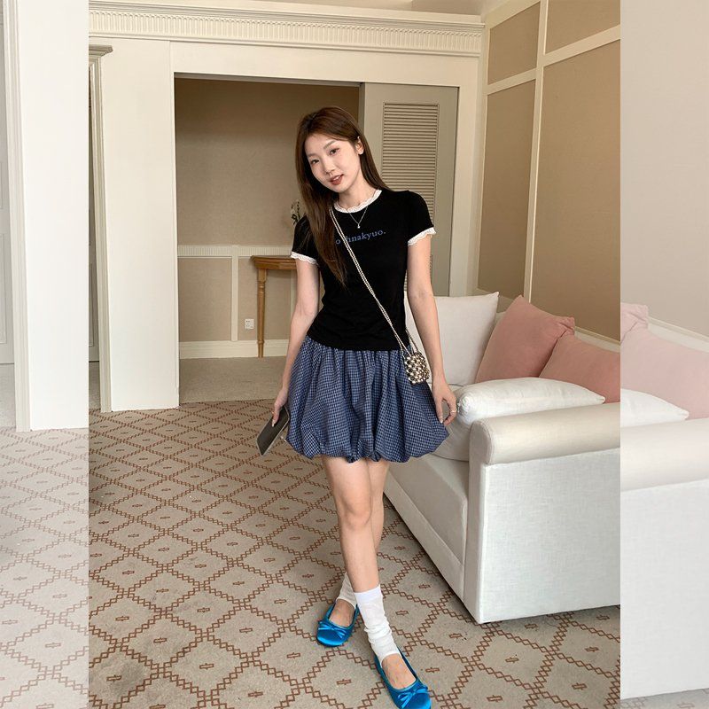 여름 라운드넥 펀칭 리본 루즈핏 여성 면스판 반팔 티셔츠 데일리 캐주얼 이지웨어 - 상세 이미지 5
