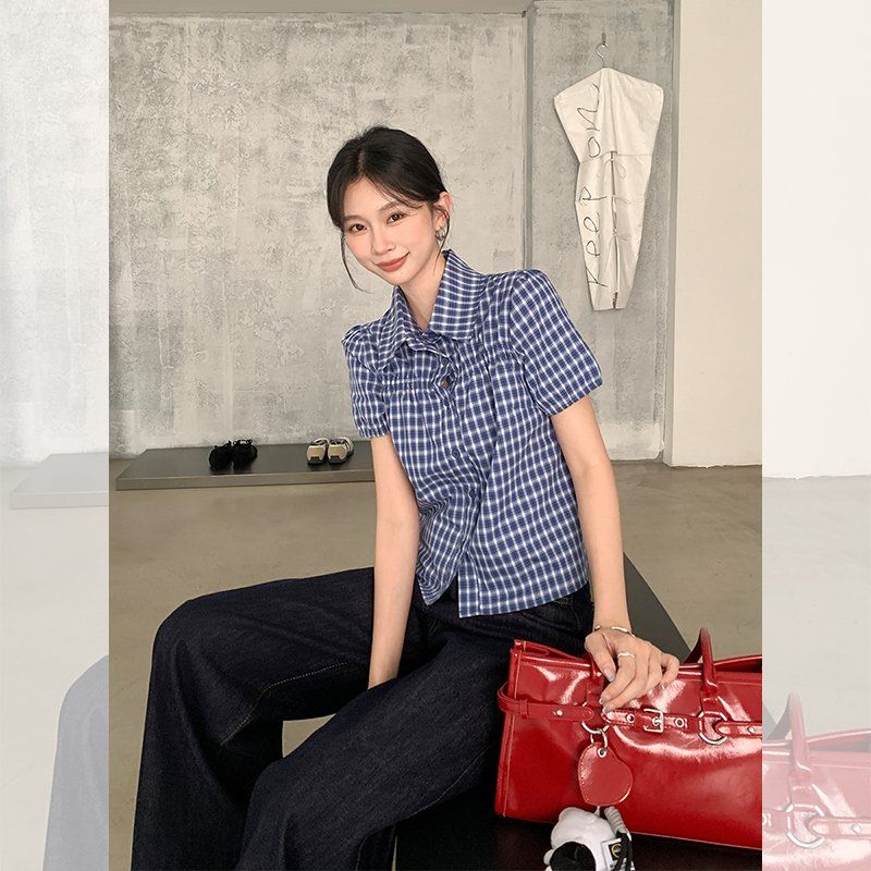 여성 여름 체크 퍼프소매 반팔 블라우스 폴로카라 크롭 셔츠 데일리 캐주얼 루즈핏 상의 - 상세 이미지 3