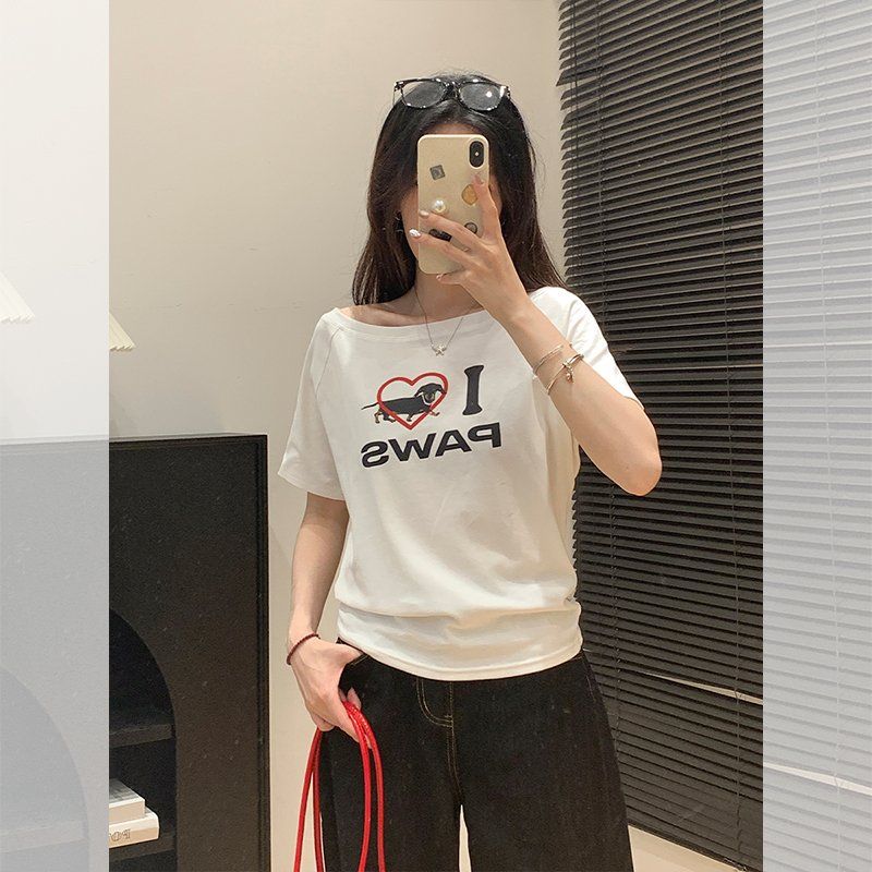여성 여름 사선넥 오프숄더 레터링 프린팅 면스판 루즈핏 반팔 티셔츠 데일리 캐주얼룩 - 상세 이미지 4
