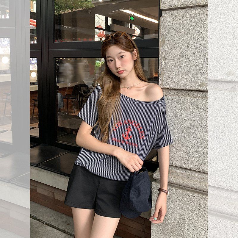 오프숄더 스트라이프 티셔츠 여성 루즈핏 반팔티 면 스판 여름 데일리 캐주얼룩 이지웨어 상의 - 상세 이미지 3