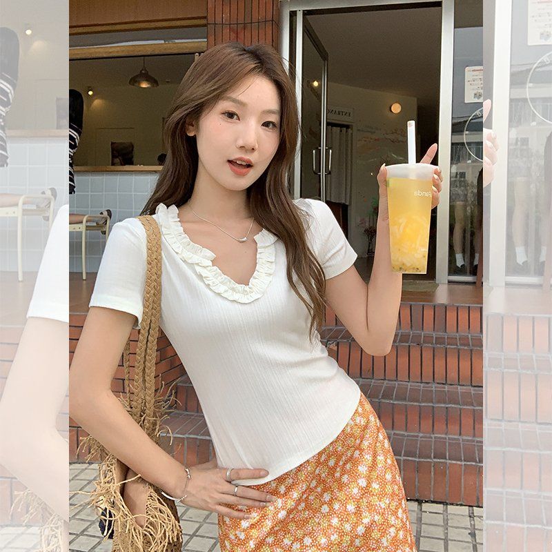 여성 봄여름 V넥 프릴 골지 슬림핏 텐셀 스판 반팔 티셔츠 데일리 캐주얼룩 - 상세 이미지 4