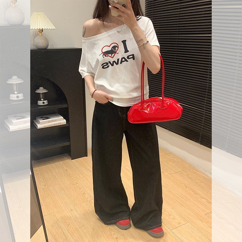 여성 여름 사선넥 오프숄더 레터링 프린팅 면스판 루즈핏 반팔 티셔츠 데일리 캐주얼룩 - 상세 이미지 2