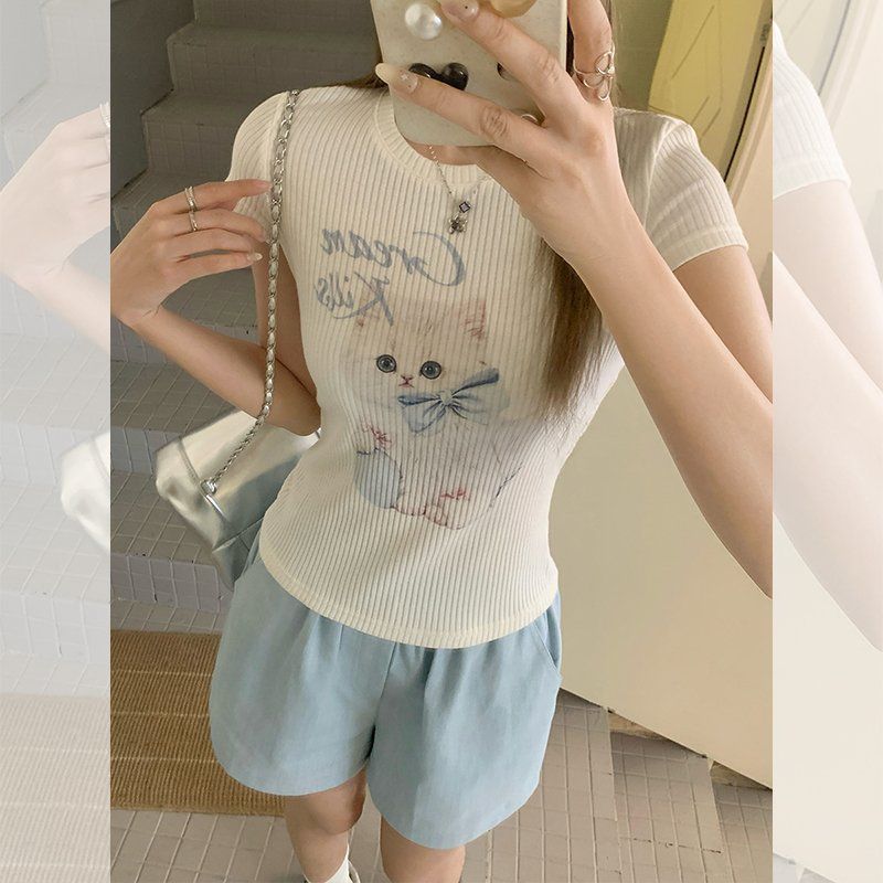 귀여운 고양이 프린팅 반팔티 라운드넥 슬림핏 여름 데일리 면스판 여성 상의 - 상세 이미지 4