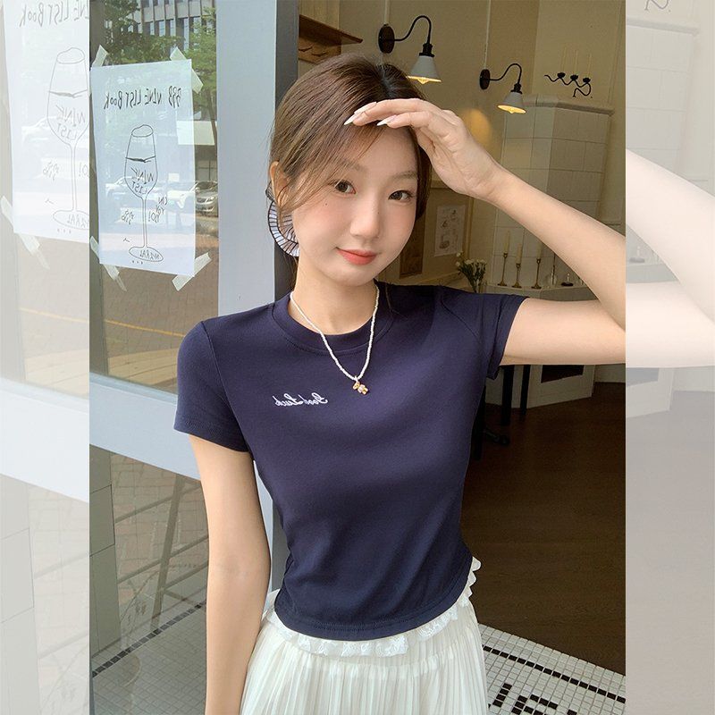 레터링 자수 반팔티 라운드넥 슬림핏 크롭 여름 면스판 데일리 여성 상의 - 상세 이미지 2